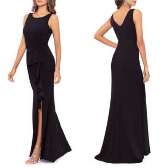 Betsy & Adam NWT "CHRISTINE" SCUBA CREPE RUFFLED BOW GOWN in Black Size 12 - Picture 1 of 11